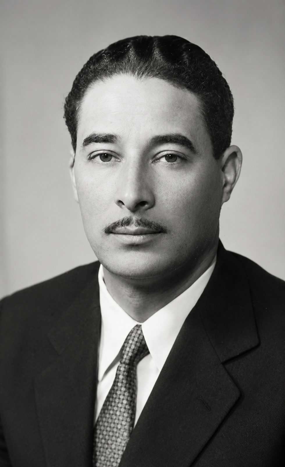 Restauración en blanco y negro del retrato de hombre con bigote, traje y corbata estampada
